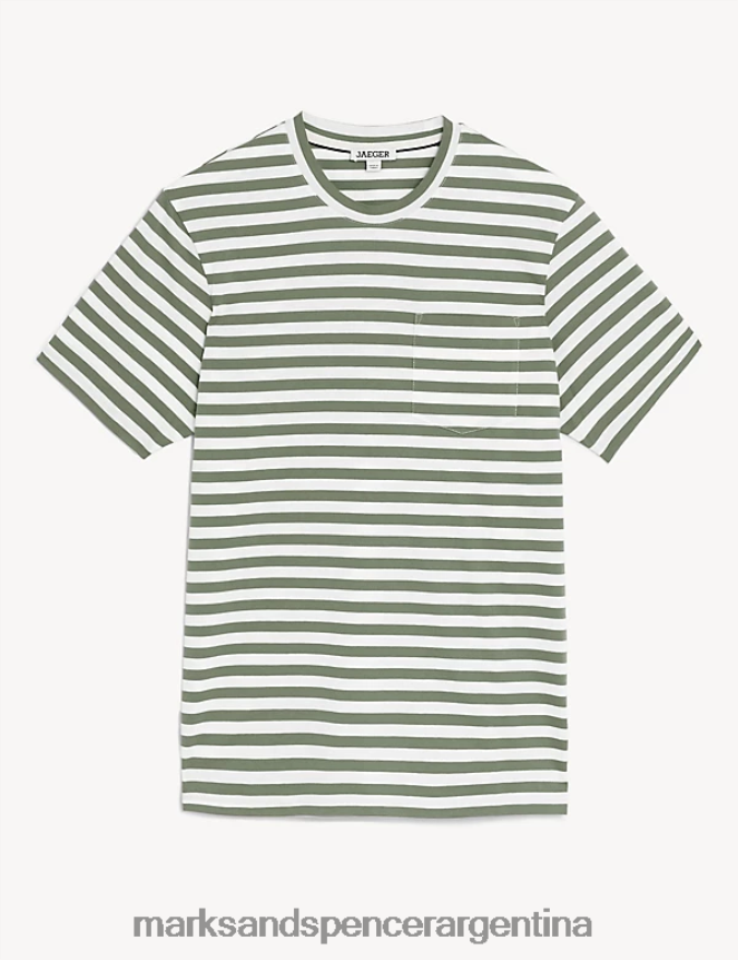 Marks & Spencer hombres camiseta de puro algodón a rayas con cuello redondo ropa aceituna 46VL6664
