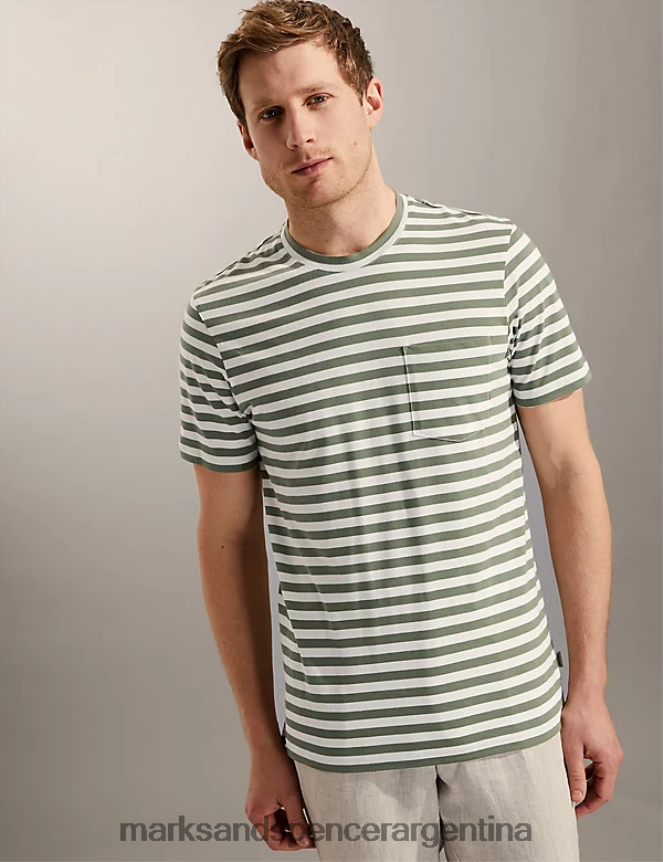 Marks & Spencer hombres camiseta de puro algodón a rayas con cuello redondo ropa aceituna 46VL6664