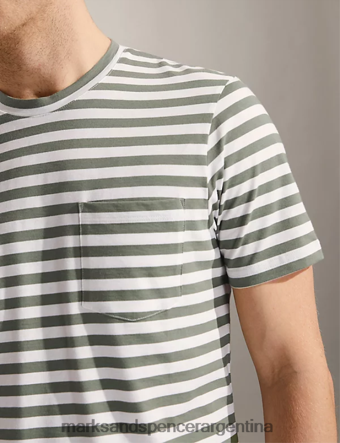 Marks & Spencer hombres camiseta de puro algodón a rayas con cuello redondo ropa aceituna 46VL6664