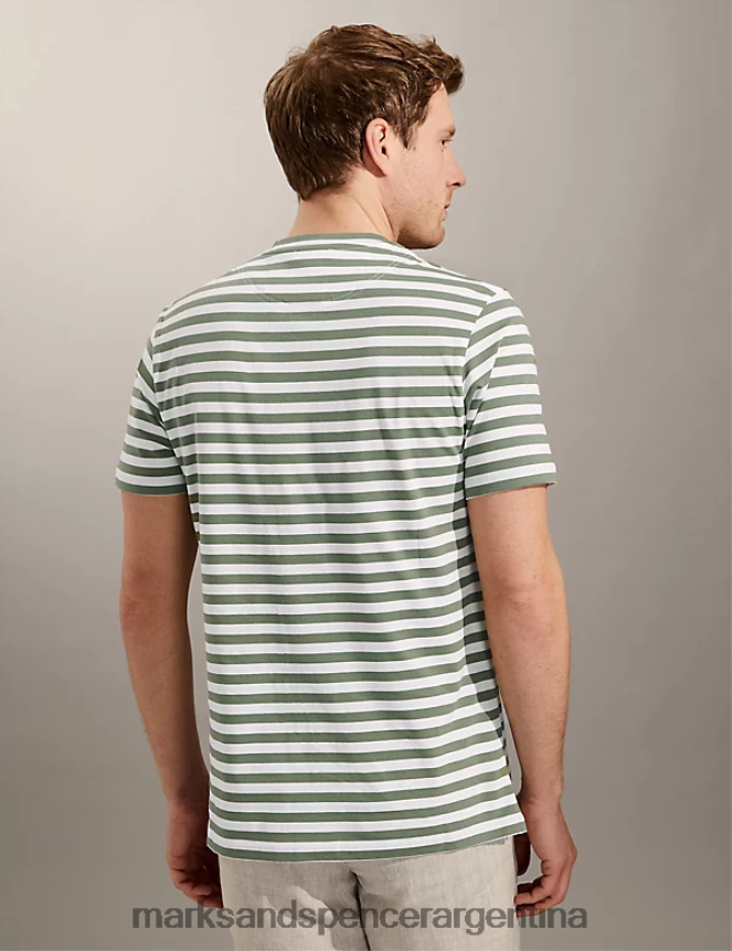 Marks & Spencer hombres camiseta de puro algodón a rayas con cuello redondo ropa aceituna 46VL6664