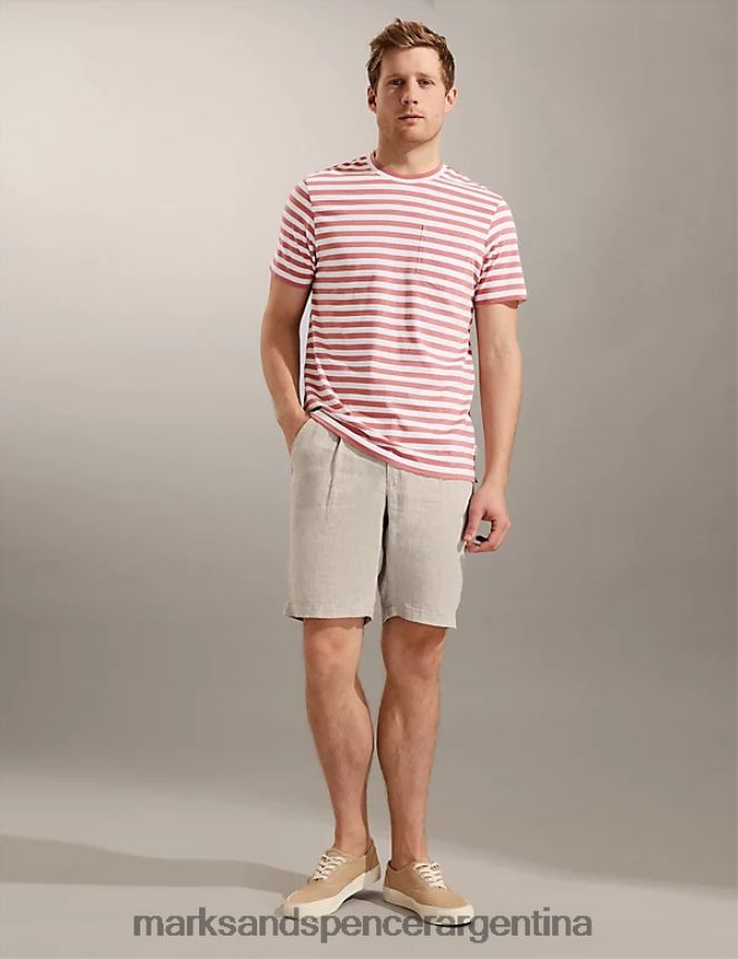 Marks & Spencer hombres camiseta de puro algodón a rayas con cuello redondo ropa rosa 46VL7030