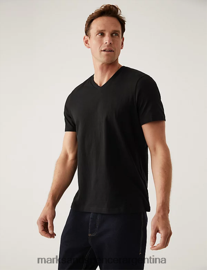 Marks & Spencer hombres camiseta de puro algodón con cuello en V ropa negro 46VL5202