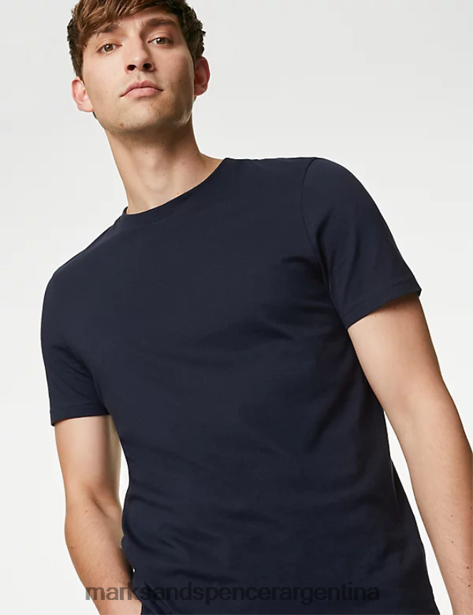 Marks & Spencer hombres camiseta de puro algodón con cuello redondo ropa azul marino oscuro 46VL154