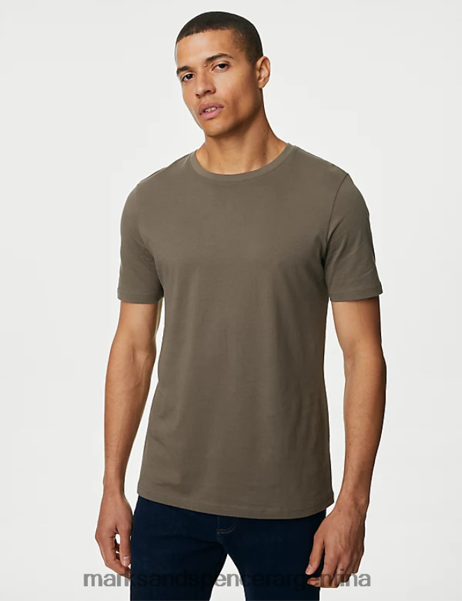 Marks & Spencer hombres camiseta de puro algodón con cuello redondo ropa marrón medio 46VL166