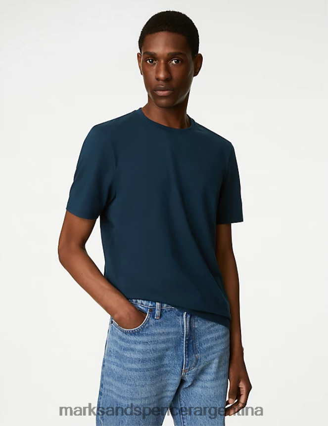 Marks & Spencer hombres camiseta de puro algodón con cuello redondo ropa martín pescador oscuro 46VL158