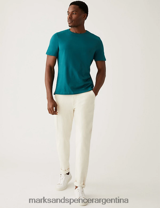 Marks & Spencer hombres camiseta de puro algodón con cuello redondo ropa verde azulado 46VL136