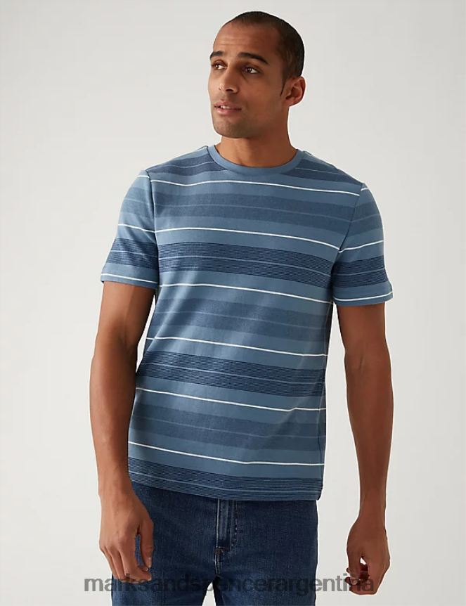 Marks & Spencer hombres camiseta de rayas de punto doble de puro algodón ropa mezcla azul 46VL5988
