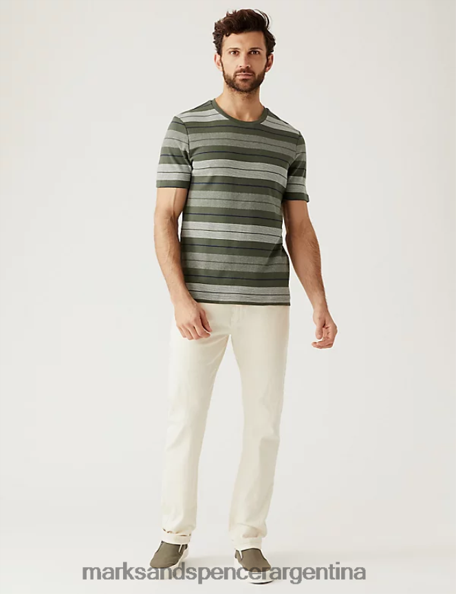 Marks & Spencer hombres camiseta de rayas de punto doble de puro algodón ropa mezcla verde 46VL5604