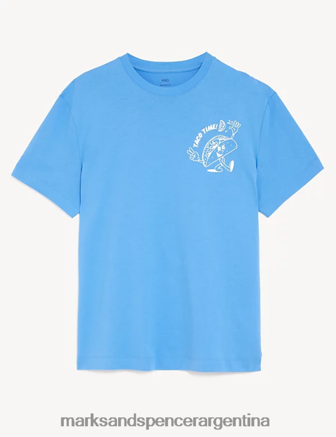 Marks & Spencer hombres camiseta gráfica de puro algodón taco time ropa azul acero 46VL7058