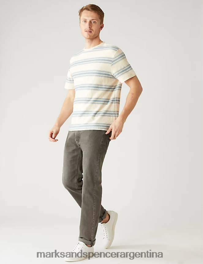Marks & Spencer hombres camiseta holgada de puro algodón a rayas ropa mezcla azul claro 46VL5712