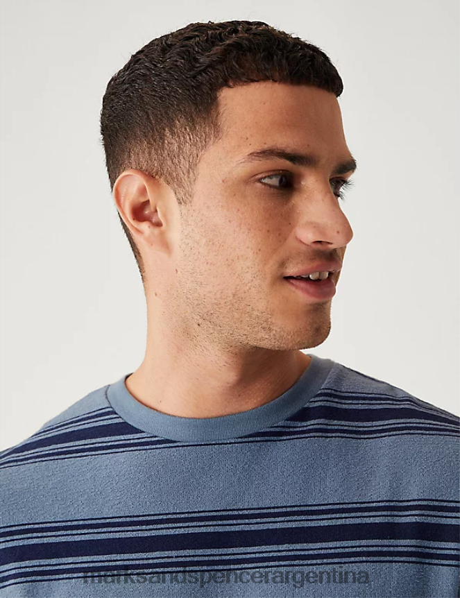Marks & Spencer hombres camiseta holgada de puro algodón a rayas ropa mezcla azul marino 46VL5324
