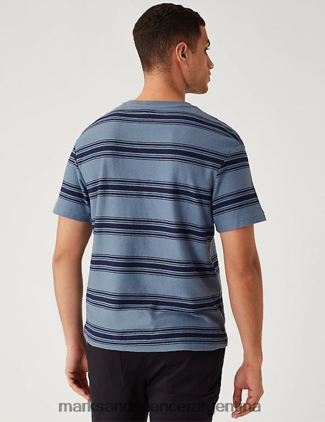 Marks & Spencer hombres camiseta holgada de puro algodón a rayas ropa mezcla azul marino 46VL5324