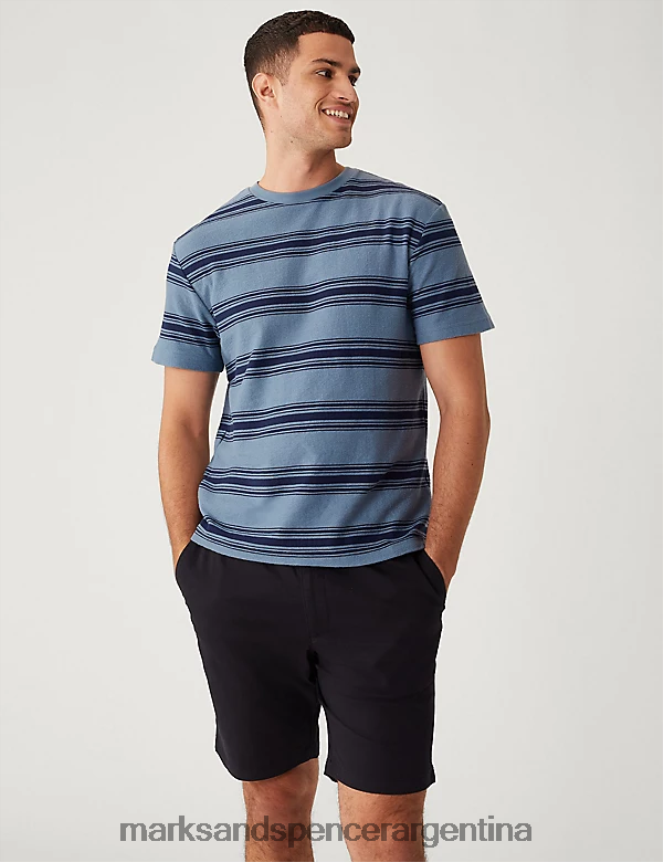 Marks & Spencer hombres camiseta holgada de puro algodón a rayas ropa mezcla azul marino 46VL5324