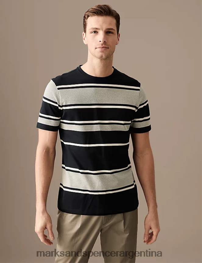 Marks & Spencer hombres camiseta texturizada de rayas de puro algodón ropa azul marino oscuro 46VL6268