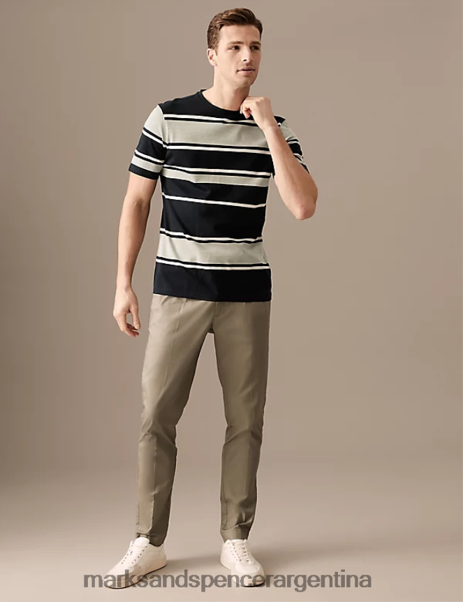 Marks & Spencer hombres camiseta texturizada de rayas de puro algodón ropa azul marino oscuro 46VL6268
