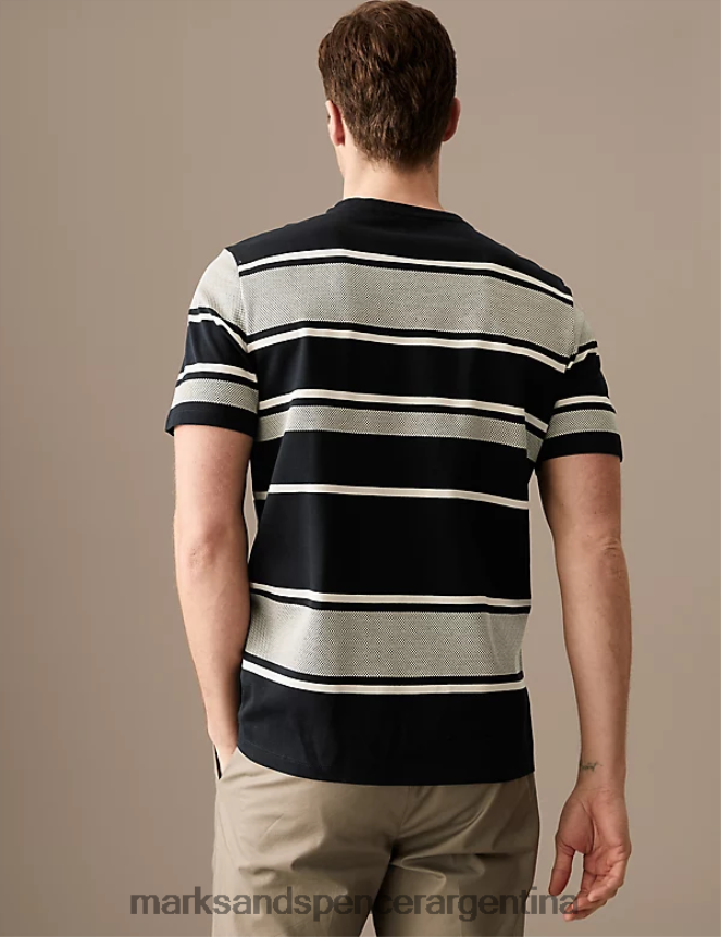 Marks & Spencer hombres camiseta texturizada de rayas de puro algodón ropa azul marino oscuro 46VL6268