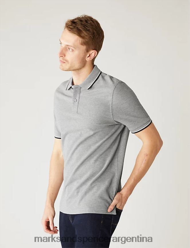 Marks & Spencer hombres polo con ribetes de piqué de puro algodón ropa marga gris 46VL5058