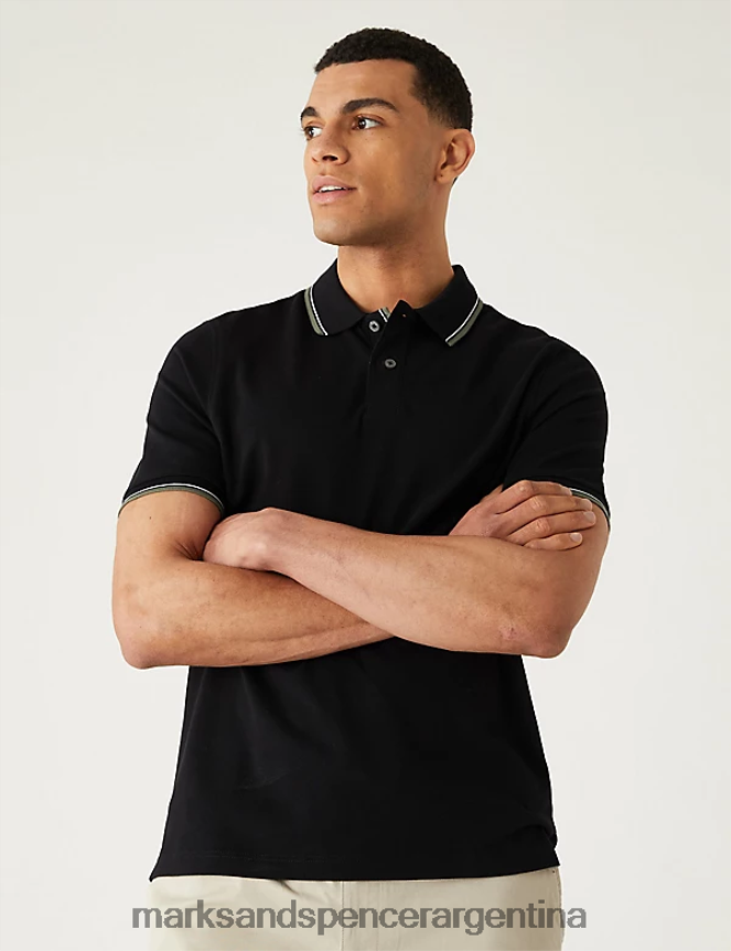 Marks & Spencer hombres polo con ribetes de piqué de puro algodón ropa negro 46VL5060