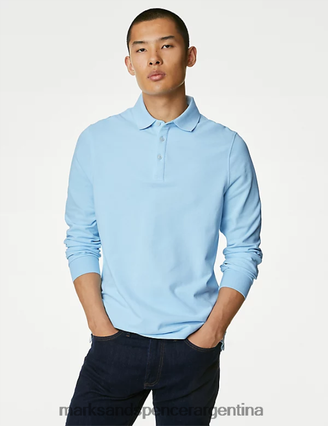 Marks & Spencer hombres polo de manga larga de puro algodón ropa azul pálido 46VL7376