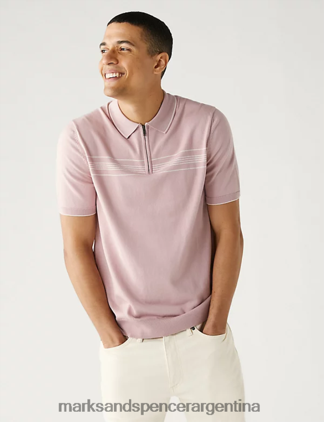 Marks & Spencer hombres polo de punto de algodón modal con rayas en el pecho ropa mezcla rosa 46VL6666