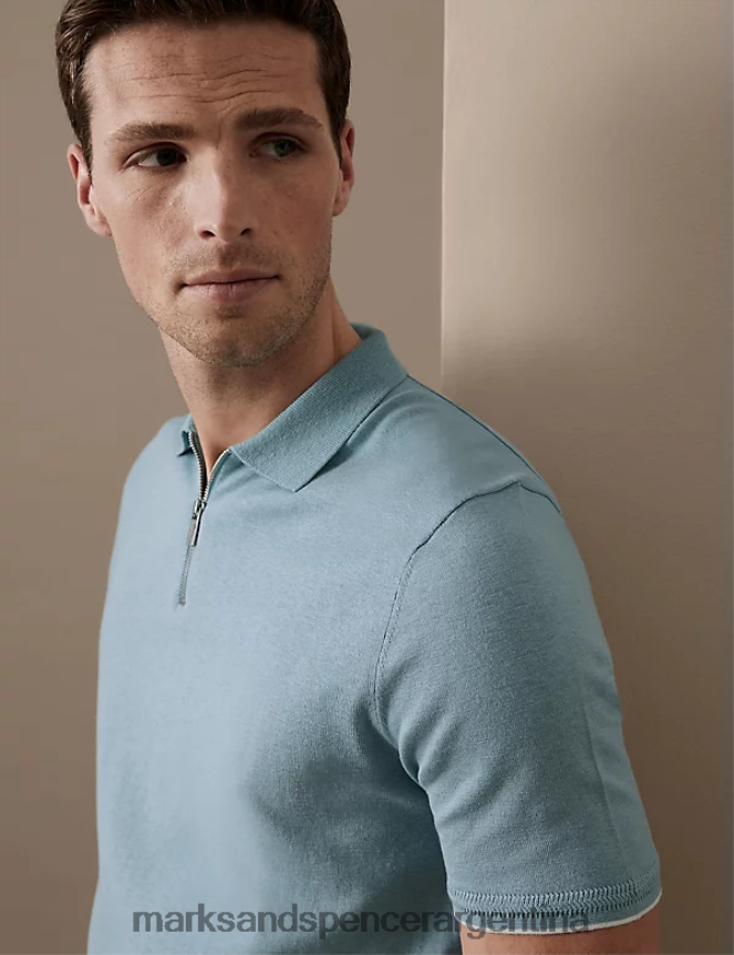 Marks & Spencer hombres polo de punto de algodón y seda con cremallera en el cuello ropa Huevo de pato 46VL6106