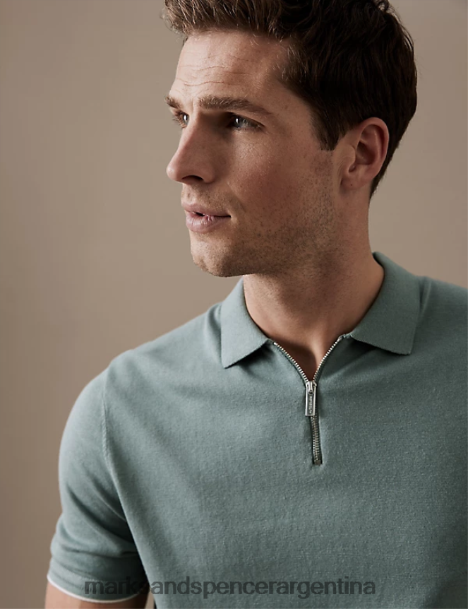 Marks & Spencer hombres polo de punto de algodón y seda con cremallera en el cuello ropa verde descolorido 46VL6104