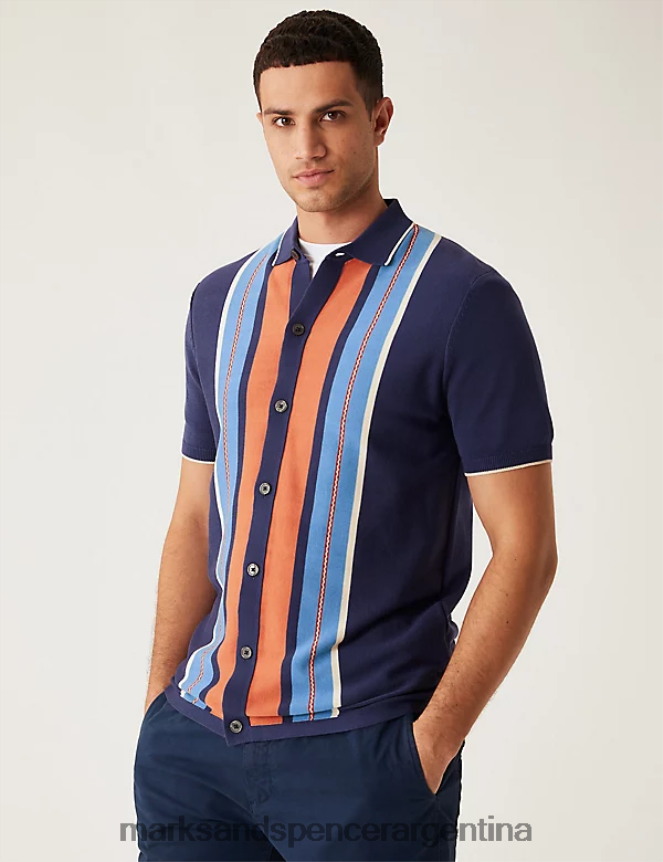 Marks & Spencer hombres polo de punto de modal de algodón a rayas ropa mezcla azul oscuro 46VL4864