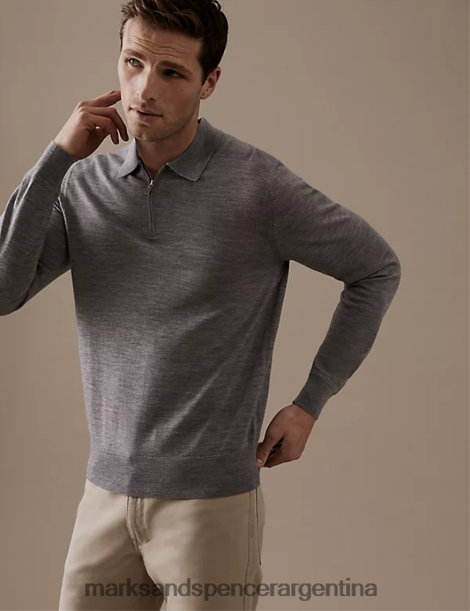 Marks & Spencer hombres polo de punto de pura lana merino extrafina ropa gris claro 46VL6706