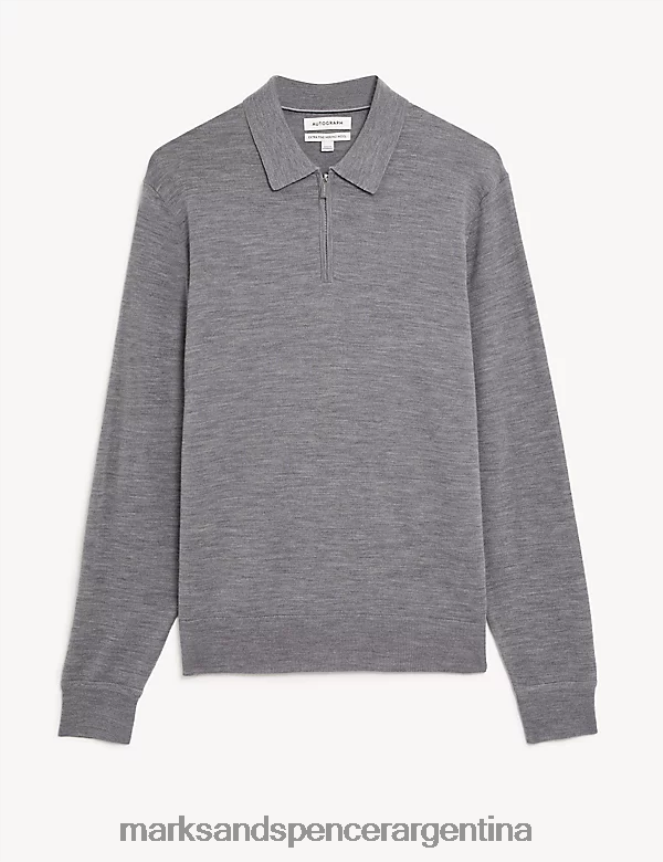 Marks & Spencer hombres polo de punto de pura lana merino extrafina ropa gris claro 46VL6706