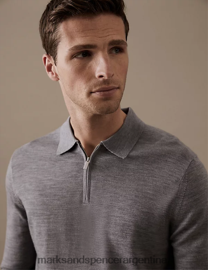 Marks & Spencer hombres polo de punto de pura lana merino extrafina ropa gris claro 46VL6706