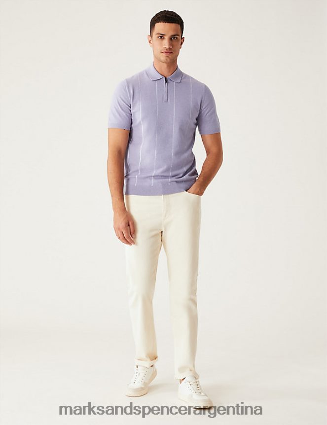 Marks & Spencer hombres polo de punto rico en algodón a rayas ropa lila 46VL6532