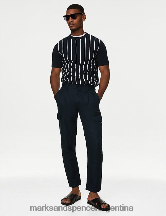 Marks & Spencer hombres polo de punto rico en algodón a rayas ropa mezcla azul marino 46VL6044