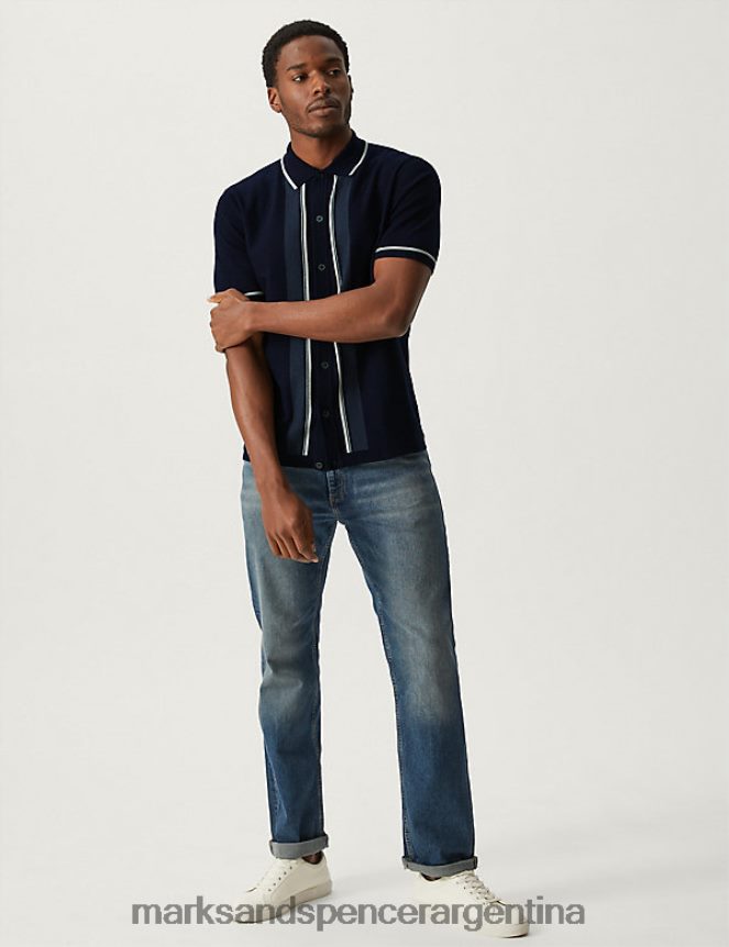 Marks & Spencer hombres polo de punto rico en algodón a rayas ropa mezcla azul marino 46VL6534