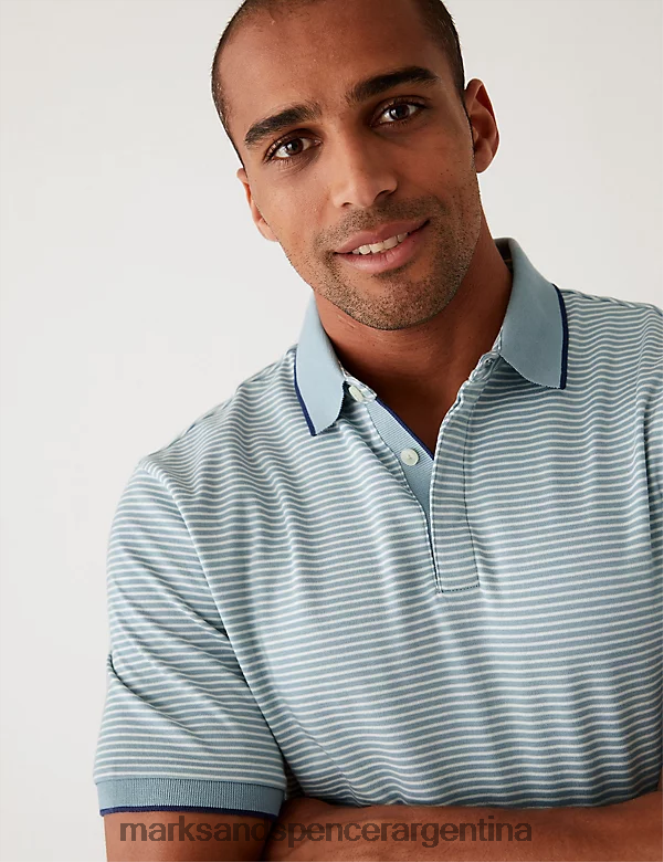 Marks & Spencer hombres polo de puro algodón a rayas ropa huevo de pato ligero 46VL6156