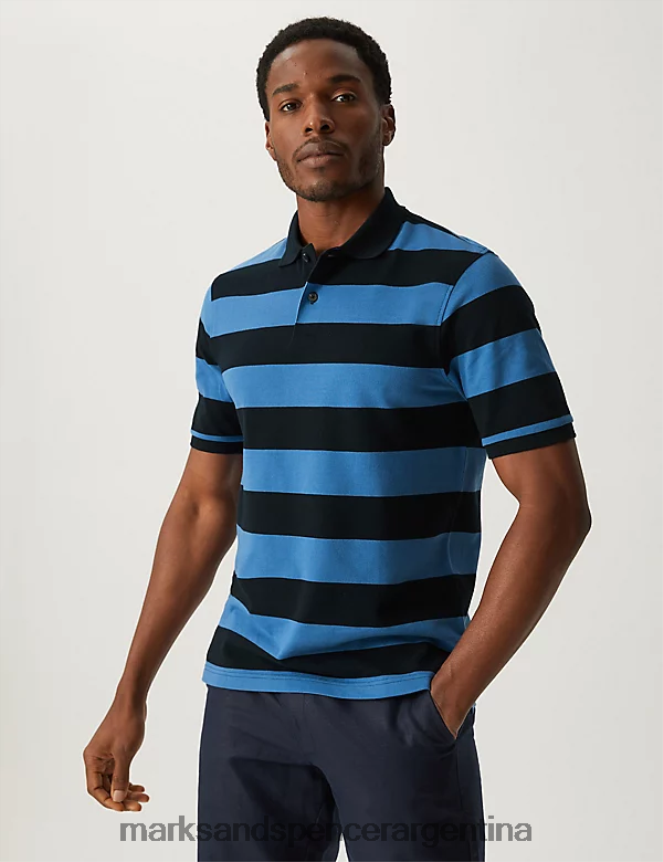 Marks & Spencer hombres polo de puro algodón a rayas ropa océano 46VL5218
