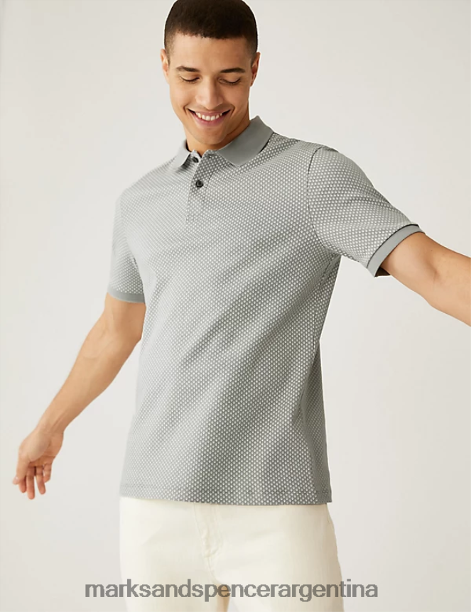 Marks & Spencer hombres polo de puro algodón con estampado geométrico ropa gris claro 46VL5394