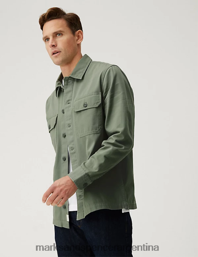 Marks & Spencer hombres sobrecamisa utilitaria de puro algodón ropa verde 46VL5566