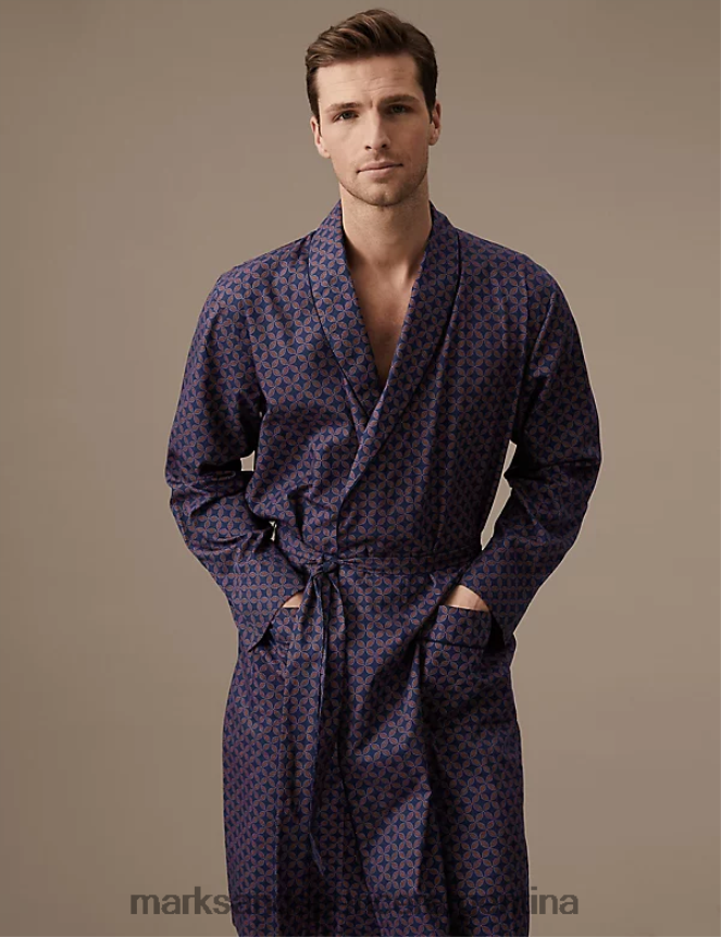 Marks & Spencer hombres bata de algodón con estampado geométrico ropa mezcla azul marino 46VL6914