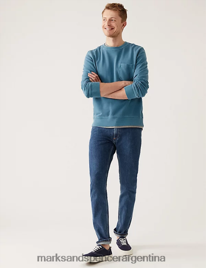 Marks & Spencer hombres jeans ajustados de puro algodón ropa azul medio 46VL5148