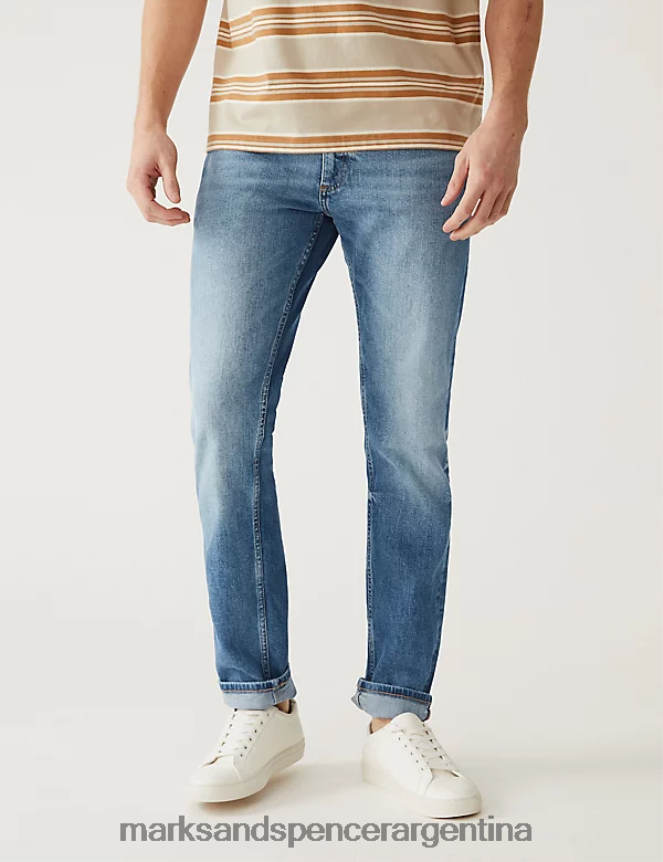 Marks & Spencer hombres jeans elásticos con lavado vintage y corte slim ropa azul claro 46VL6590