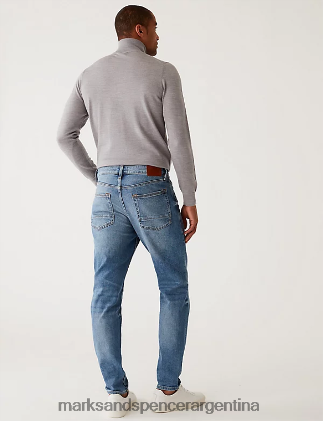 Marks & Spencer hombres jeans elásticos con lavado vintage y corte tapered ropa azul claro 46VL5752
