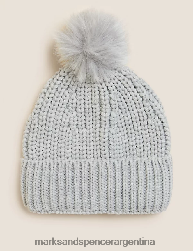 Marks & Spencer mujer gorro de punto con pompón de piel sintética accesorios gris 46VL3166