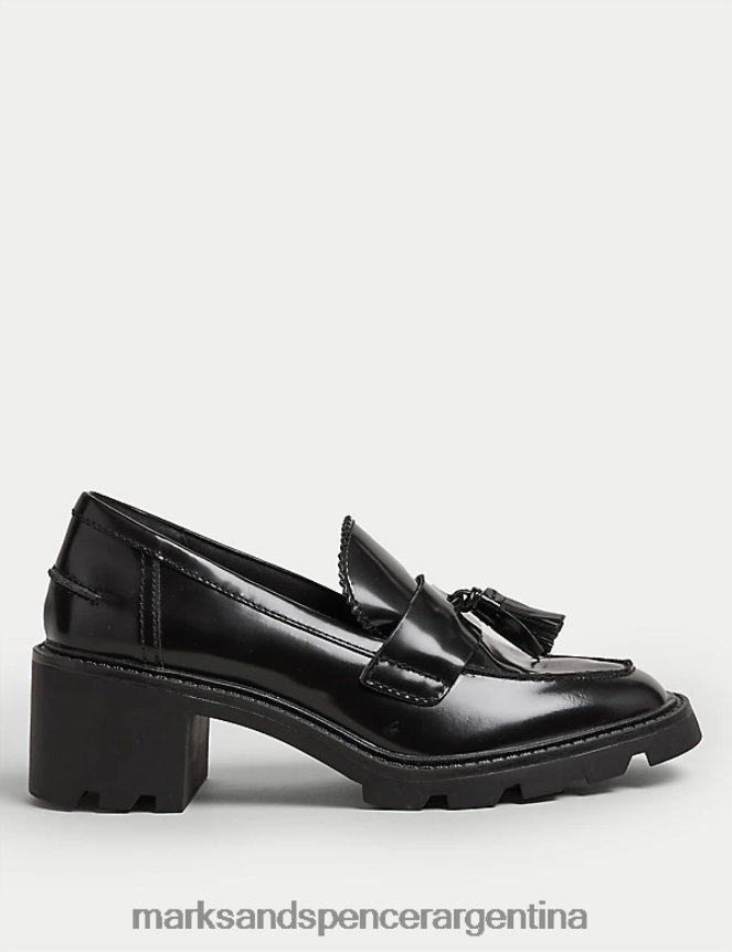Marks & Spencer mujer mocasines con tacón cuadrado y borlas de cuero calzado negro 46VL1688
