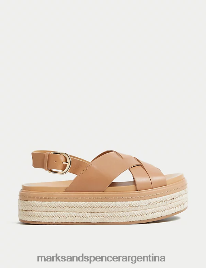 Marks & Spencer mujer sandalias cruzadas de cuero con plataforma plana calzado bronceado pálido 46VL2448