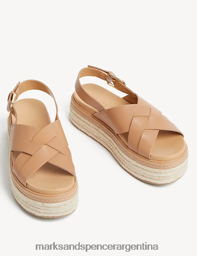Marks & Spencer mujer sandalias cruzadas de cuero con plataforma plana calzado bronceado pálido 46VL2448