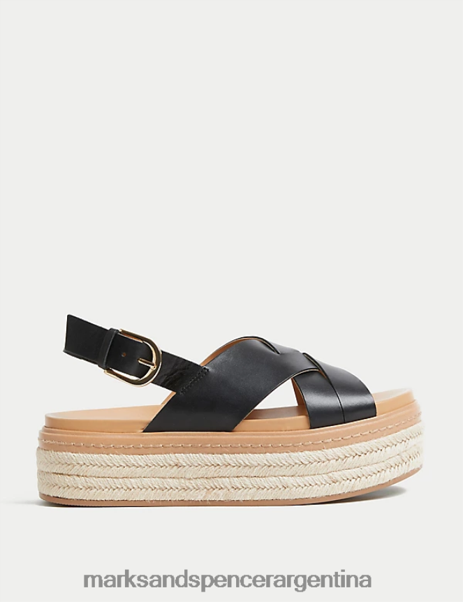 Marks & Spencer mujer sandalias cruzadas de cuero con plataforma plana calzado negro 46VL2820