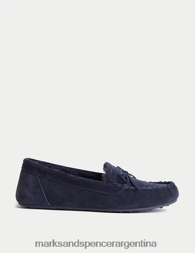 Marks & Spencer mujer pantuflas tipo mocasín con forro de piel sintética y lazo de ante calzado azul marino de medianoche 46VL3474