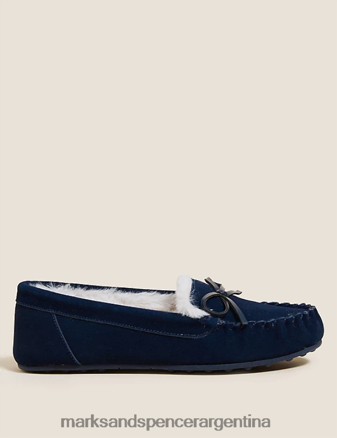 Marks & Spencer mujer pantuflas tipo mocasín con forro de piel sintética y lazo de ante calzado azul marino medio 46VL3164