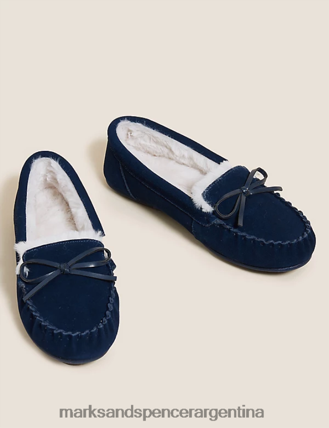 Marks & Spencer mujer pantuflas tipo mocasín con forro de piel sintética y lazo de ante calzado azul marino medio 46VL3164