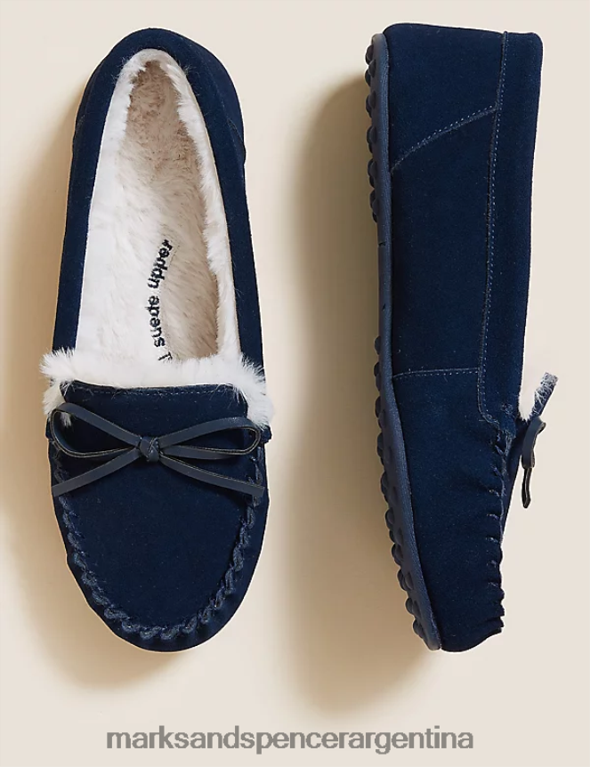 Marks & Spencer mujer pantuflas tipo mocasín con forro de piel sintética y lazo de ante calzado azul marino medio 46VL3164